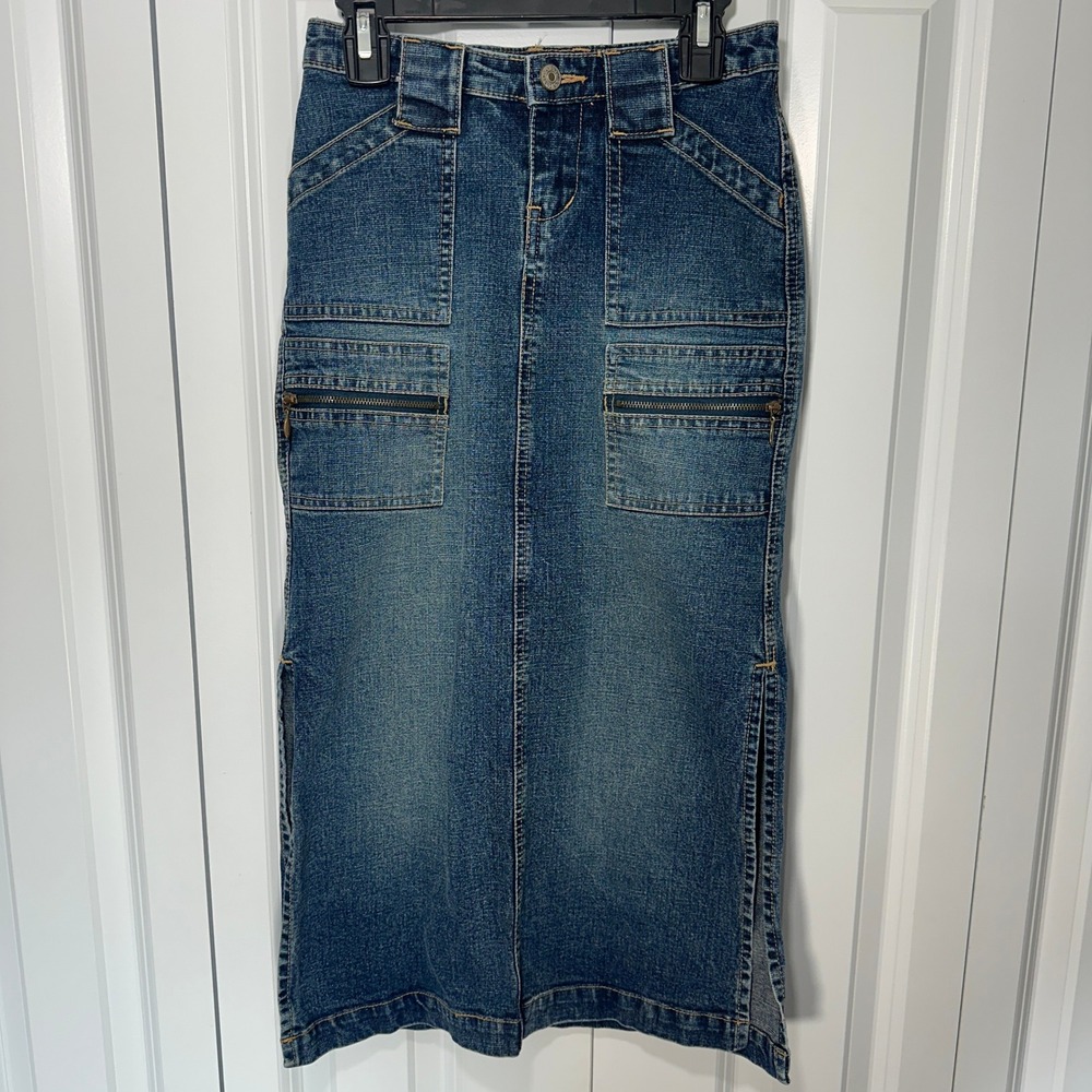 Unionbay Denim Maxi Skirt Kids 7 Blue Cargo Utility Side Slit Stretch Y2K 90s